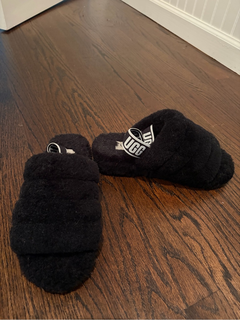 UGG Black Fuzzy Slide Sandals with Branded Heel Strap
